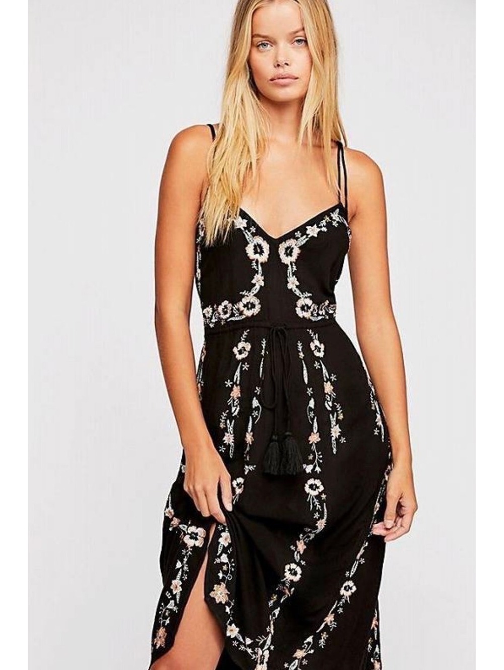 Intimately Free People Women’s Maxi Dress Black Large Embroidered Boho Strappy